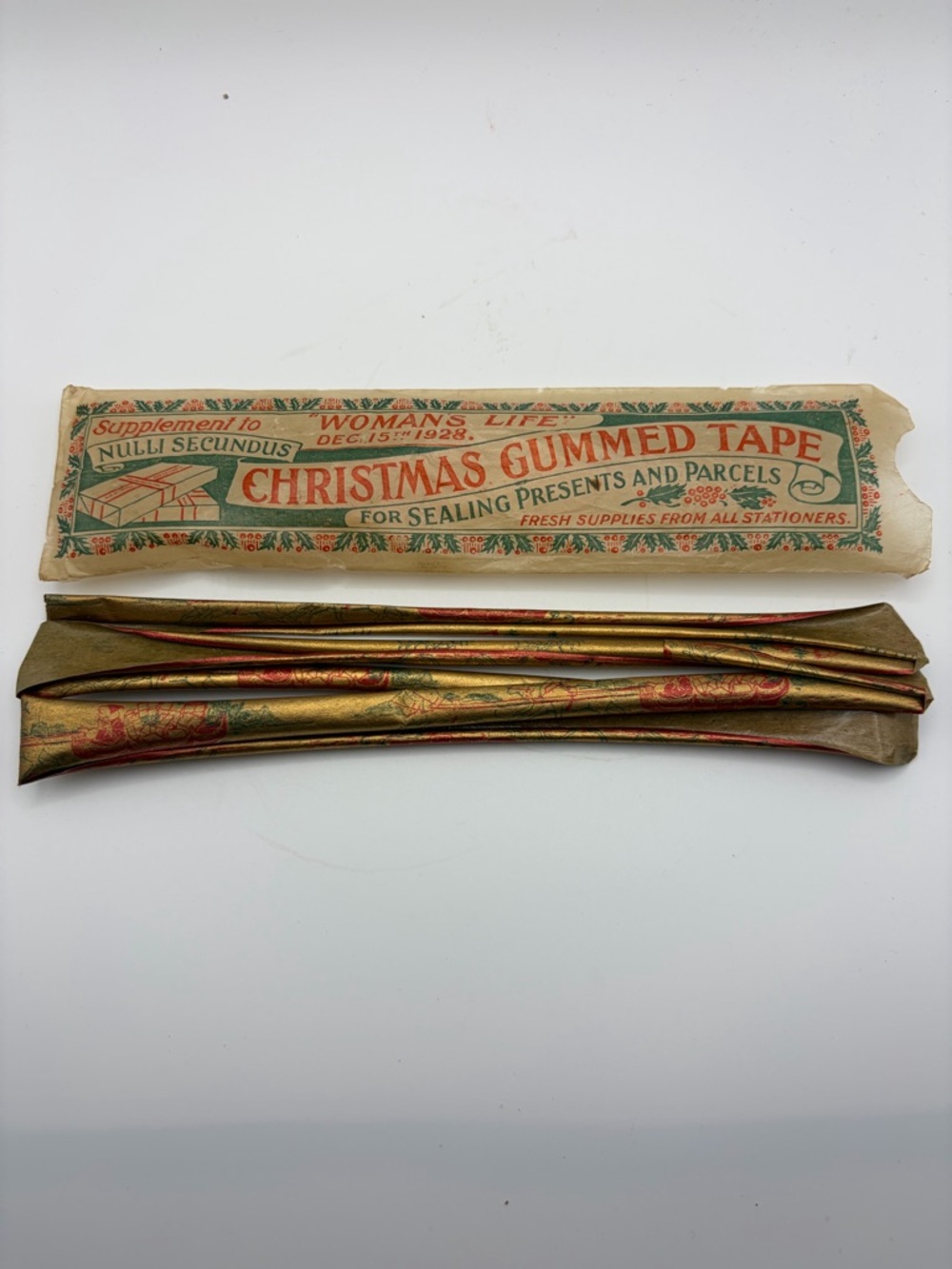 Rare 1920s Antique Christmas Gummed Tape Wrap Vintage Junk Journal Ephemera